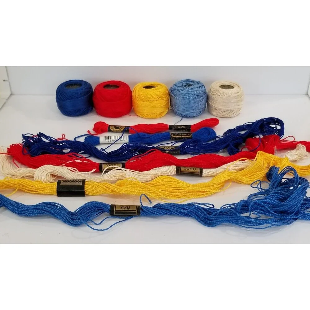 Lot of 12 Embroidery Threads – DMC Floss & Cotton Balls Mixed Colors